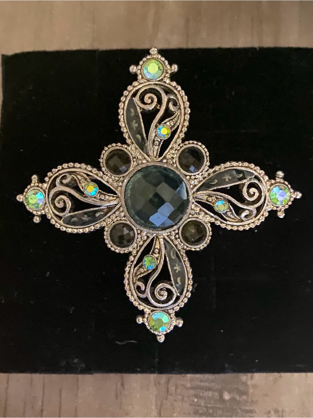 1928 Jewel Brand Green Lucite AB Glass Rhinestone Brooch
